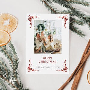 Red Bows & Ribbons Christmas Card Template for Editable Classic Holiday Merry Christmas Photo Card | MATTEA Collection