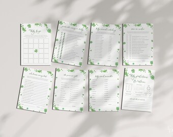 May include: Printable baby shower game cards with a green clover pattern. The games include "Baby Bingo", "Guess who's coming in the belly", "Baby animal matching", "Who knows mommy best", "The price is right", "Baby word scramble", "Never have I ever", and "Baby predictions & advice".