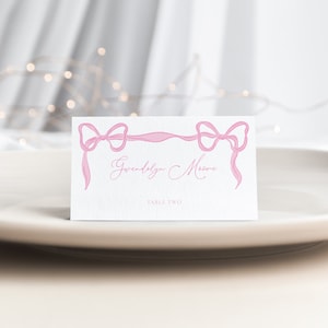 Pink Bow Place Card Template for Pretty Pink Ribbon Bridal Shower Name Card or Buffet Card | ALINA Collection