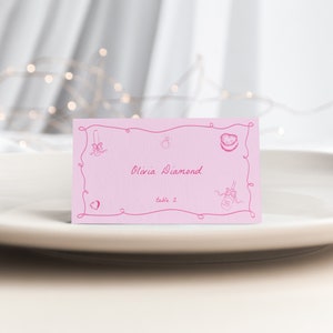 Whimsical Hand Drawn Illustration Place Card Template for Pink Bridal Shower Name Card or Buffet Card | ROHESIA Collection