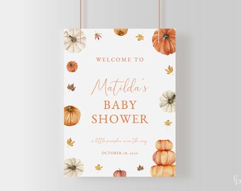 Little Pumpkin Baby Shower Welcome Sign Template for Gender Neutral Rustic Autumn Fall Baby Shower Poster Editable | BRONWYN Collection