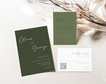 Modern Olive Green Wedding Invitation Suite Template with Printable 5x7 Invite, QR Code RSVP Card & Details Card | OLIVIA Collection
