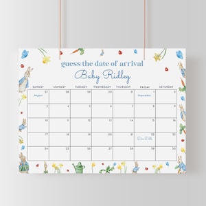 Peter Rabbit Baby Shower Guess the Due Date Calendar Game Sign Template for Blue Boy Little Bunny Baby Shower Arrival | BEATRIX Collection