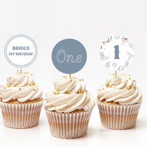 First Rodeo Birthday Cupcake Topper Template for Wild West Blue Cowboy Boy 1st Birthday Party Cupcake Toppers | BRIGG Collection