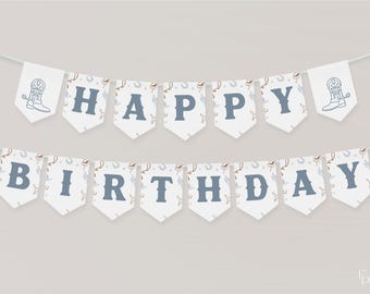 First Rodeo Birthday Flag Banner Template for Wild West Blue Cowboy Boy 1st Birthday Printable 5x7 Flag Decorations | BRIGG Collection