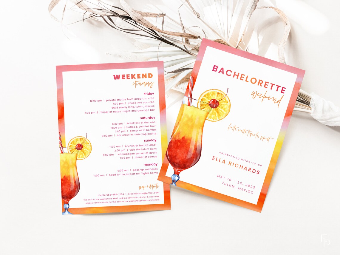 Tequila Sunrise Bachelorette Weekend Invite and Itinerary Etsy