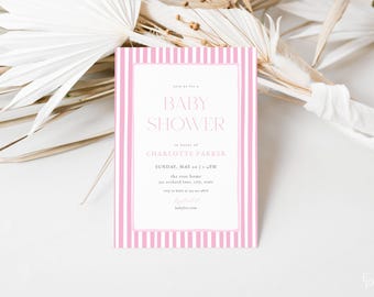 Girl Baby Shower Invitation Template for Classic Hand Drawn Pink Stripes Pink Baby Shower Invite Digital Download | EDMOND Collection