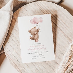 Pink Beary First Birthday Invitation Template for Balloons & Bear Girl 1st Birthday Invite | BERDINE Collection bild 5