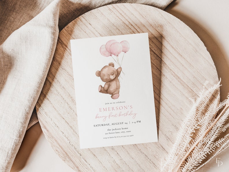 Pink Beary First Birthday Invitation Template for Balloons & Bear Girl 1st Birthday Invite | BERDINE Collection bild 5