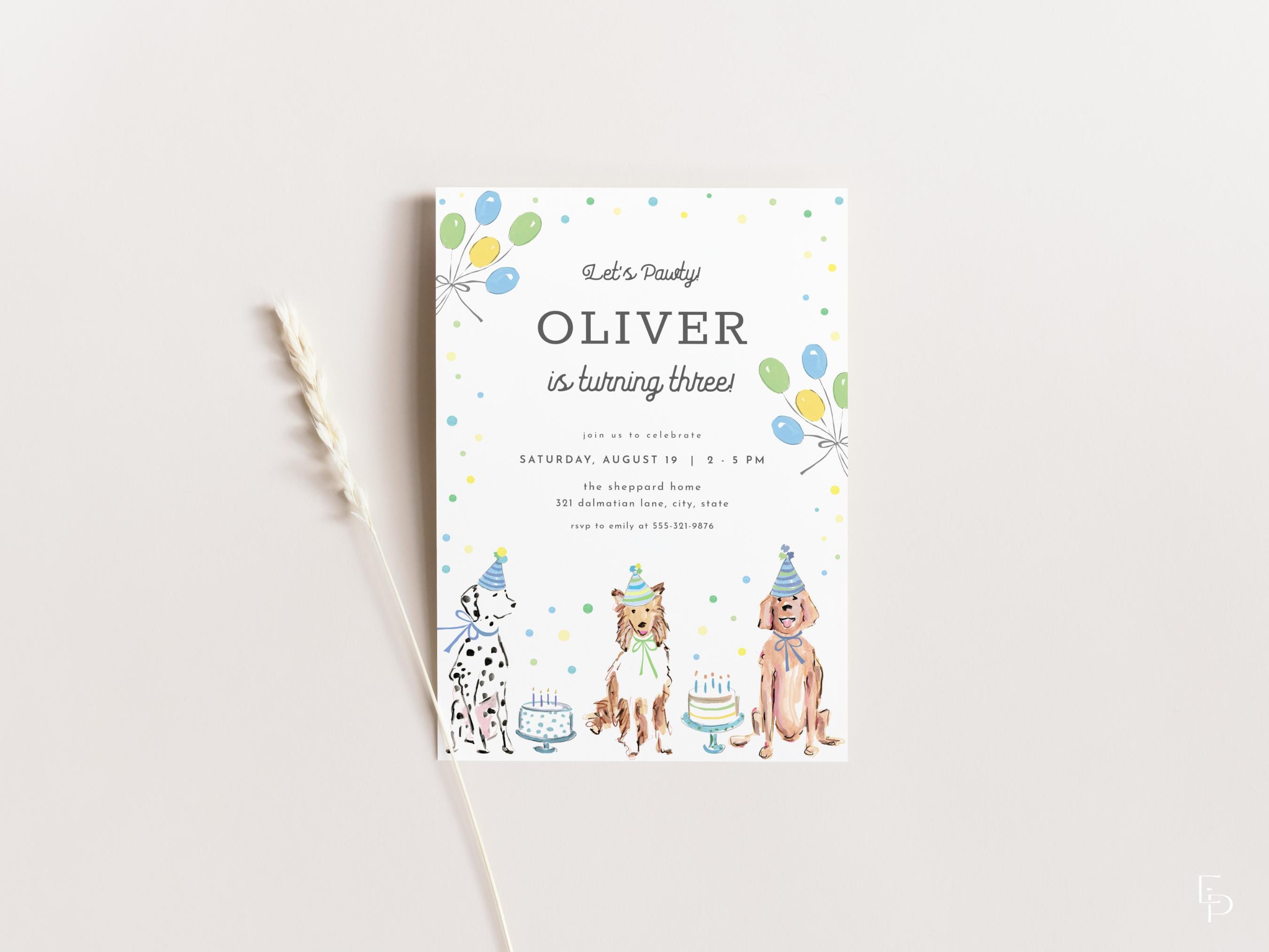 Pastel Blue Dog Birthday Invitation Template for Boy Let's Paw-ty Puppy ...