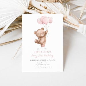 Pink Beary First Birthday Invitation Template for Balloons & Bear Girl 1st Birthday Invite | BERDINE Collection bild 3