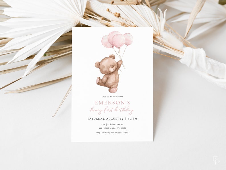 Pink Beary First Birthday Invitation Template for Balloons & Bear Girl 1st Birthday Invite | BERDINE Collection bild 3