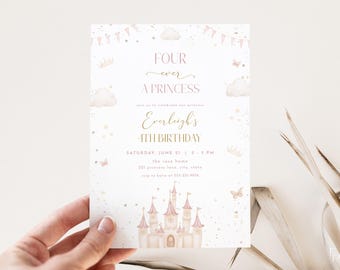 Princess 4th Birthday Invitation Template Girl Pink Magical Princess Castle Four Ever a Princess Birthday Invite Download | SADIE Collection