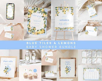Amalfi Coast Baby Shower Invitation Bundle Template Editable Lemon Blue Tile Baby Shower Bundle Digital Download | CHIARA Collection