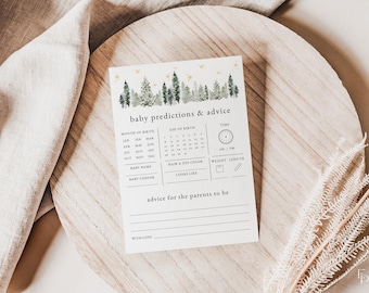 May include: A white card with a forest green watercolor background and gold stars. The card has the text "baby predictions & advice" and includes sections for guests to predict the baby's birth month, day, time, name, gender, hair and eye color, and weight and length. There is also a section for advice for the parents to be.