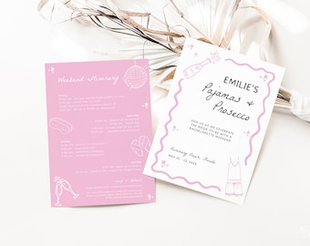 Hand Drawn PJs and Prosecco Bachelorette Weekend Invite and Itinerary Template for Pink Pajama Party Bachelorette | CYNTHIA Collection