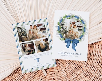 Grandmillenial Christmas Card Template for Blue Bow Wreath Christmas Holiday Family Photo Card | NATHANIEL Collection