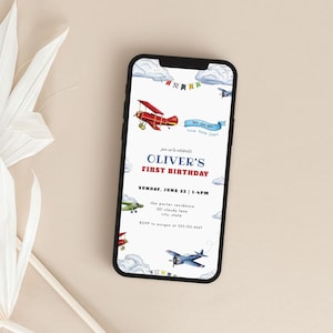 Airplane First Birthday Digital Invite Template for Vintage Plane Boy Time Flies 1st Birthday Text Message Invitation | PERCY Collection