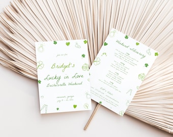 Green Irish Shamrock Lucky in Love Hand Drawn Bachelorette Weekend Invite & Itinerary Template Digital Download | FIADH Collection