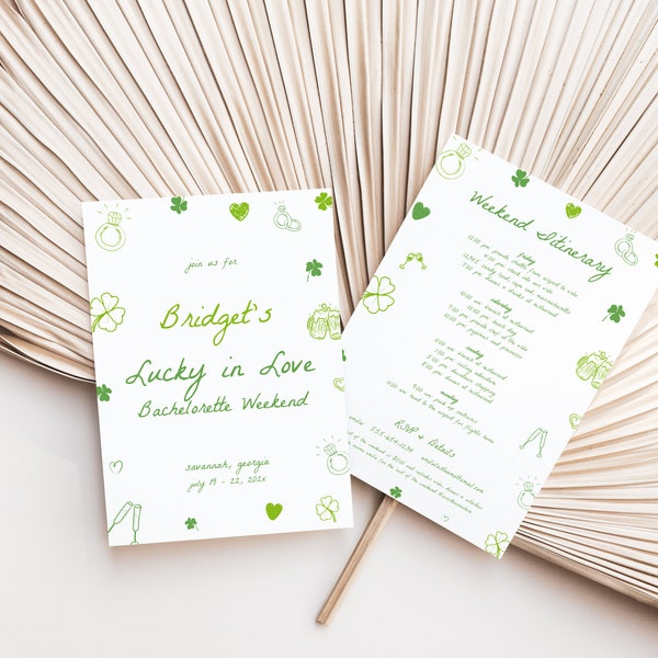 Green Irish Shamrock Lucky in Love Hand Drawn Illustration Bachelorette Weekend Invite and Itinerary Template | FIADH Collection