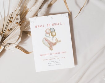 Pink Whale Oh Whale Birthday Invitation Template for Editable Pink Girl Whale Birthday Invite Digital Download | WHALEI Collection