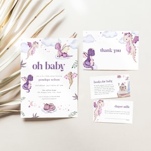 Purple Mythical Dragon Baby Shower Invitation Bundle Template for Girl Fairytale Dragon Baby Shower Invite | BRENNA Collection