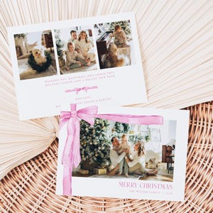 Pink Coquette Bow Photo Christmas Card Template for Two-Sided Landscape Pink Bow Family Photo Christmas Card | POLOMA Collection