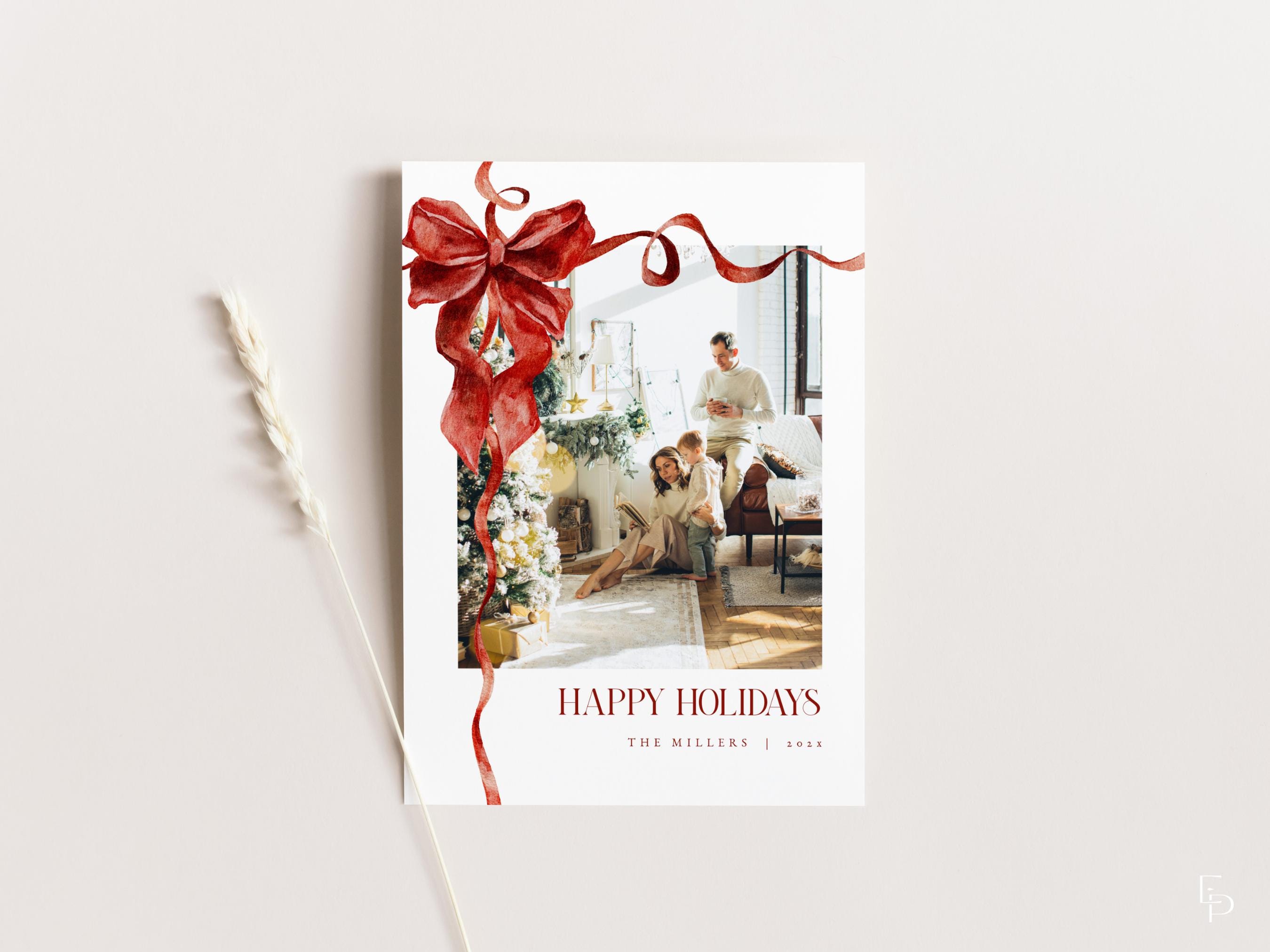 Red Bow Christmas Card Template for Editable Classic Wrapped Present ...