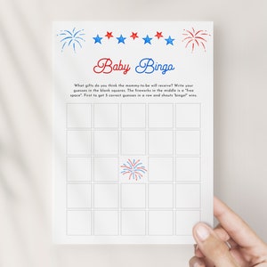 4th of July Baby Bingo Baby Shower Game Template for Patriotic Red White and Due Baby Shower Printable Games | LIBERTY Collection