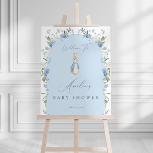 Peter Rabbit Baby Shower Welcome Sign Template For Blue Floral Boy A Little Bunny Baby Shower Poster | HARLEY Collection