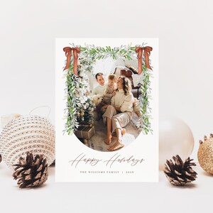 Copper Bow Garland Photo Holiday Card Template for Brown Ribbon Arch Family Photo Christmas Card | ARAMITA Collection