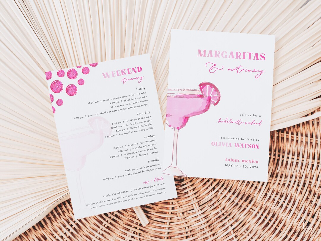 Pink Margarita Margs and Matrimony Bachelorette Weekend Invite and ...