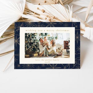 Navy Blue & Gold Christmas Photo Card Template for Elegant Gold Pattern Picture Holiday Card Template | HARMONIA Collection