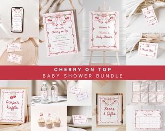 Cherry on Top Baby Shower Invitation Bundle Template Editable Girl Pink Coquette Bow Cherry Baby Shower Invite Download | CERISE Collection