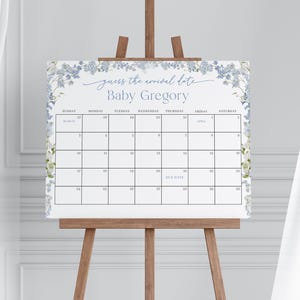 Boy Baby in Bloom Baby Shower Guess the Due Date Calendar Game Sign Template for Blue Floral Baby Shower Arrival | CESIDIO Collection