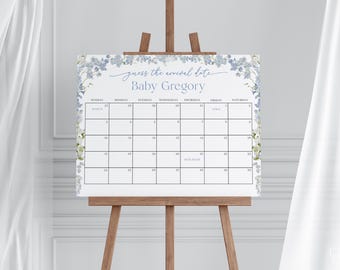 Boy Baby in Bloom Baby Shower Guess the Due Date Calendar Game Sign Template for Blue Floral Baby Shower Arrival | CESIDIO Collection