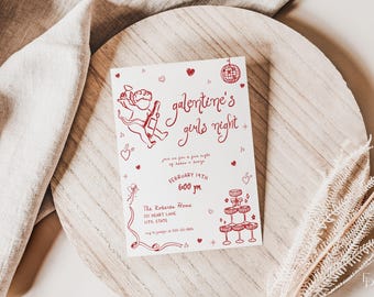 Whimsical Galentine's Girls Night Invitation Template Red Hand Drawn Girls Valentine's Party Invite Digital Download | ADELPHA Collection