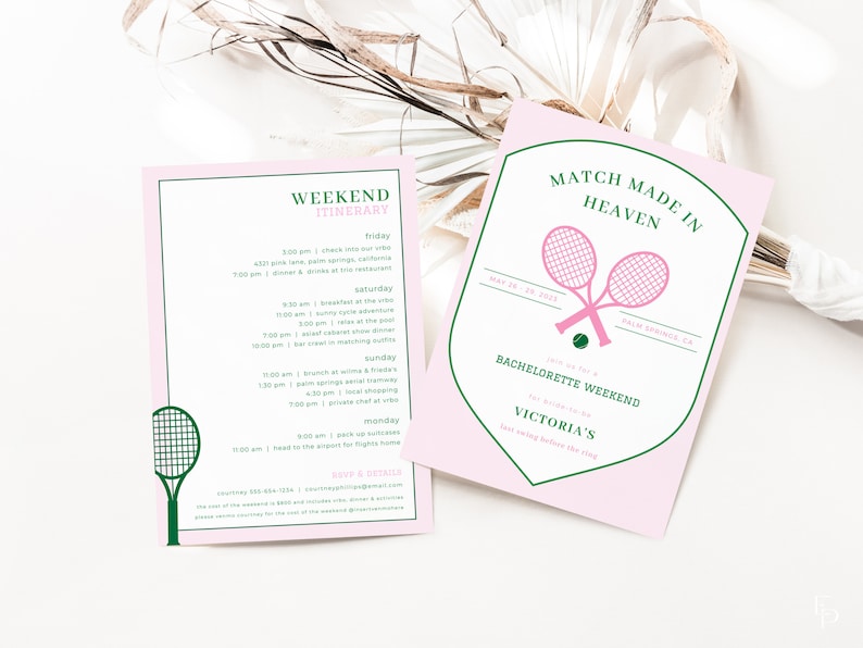 Perfect Match Tennis Bachelorette Weekend Invite and Itinerary Template MARTINA Collection image 1