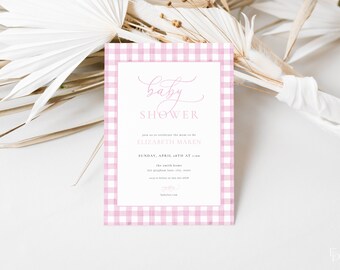 Pink Gingham Baby Shower Invitation Template for Classic Girl Baby Shower Invite | PRESTON Collection