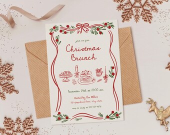 Whimsical Christmas Brunch Invitation Template for Red and Green Hand Drawn Family Holiday Brunch Invite Digital Download | ANISA Collection
