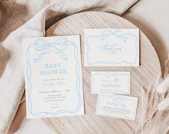 Könnte beinhalten: Ein Satz Babyparty-Einladungen mit einem blauen Schleifendesign. Die Einladung lautet "Baby Shower" und enthält Datum, Uhrzeit und Ort der Veranstaltung. Die anderen Karten sagen "Danke", "Windel-Tombola" und "Geschenke für das Baby".