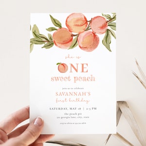 One Sweet Peach Invitation Template for Girl 1st Birthday Sweet Peach First Birthday Invite Editable Digital Download | PERSIKA Collection
