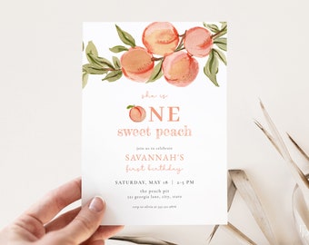 One Sweet Peach Invitation Template for Girl 1st Birthday Sweet Peach First Birthday Invite Editable Digital Download | PERSIKA Collection