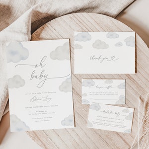 Oh Baby Modern White Cloud Baby Shower Invitation Bundle Template | ANAN Collection