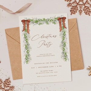 May include: A Christmas party invitation with the text "Christmas Party" in elegant script, framed by green foliage and red bows. The invitation is on a cream background, with a brown envelope and decorative elements.