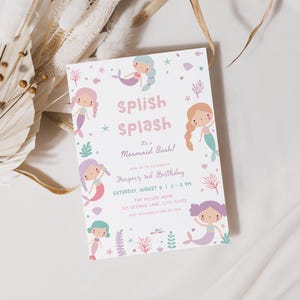 Mermaid Birthday Invitation Template for Pastel Splish Splash Mermaid Bash Under the Sea Birthday Party Editable Invite | DENIZ Collection