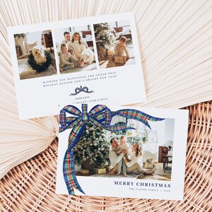 Navy Christmas Plaid Bow Photo Holiday Card Template  Landscape Coquette Green Blue Tartan Family Photo Christmas Card | CAMERON Collection