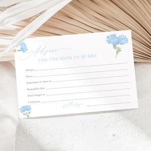 Blue Hydrangea Grandmillenial Bridal Shower Advice for the Bride Enclosure Card Template | NILAM Collection