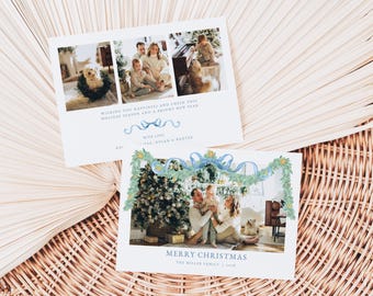Christmas Garland Photo Holiday Card Template Editable 2-Sided Landscape Blue Green Family Photo Christmas Card Download | ASENA Collection