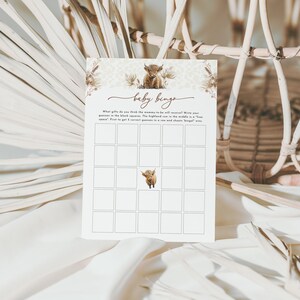 Boho Highland Cow Baby Shower Bingo Game Template | ANNALEE Collection